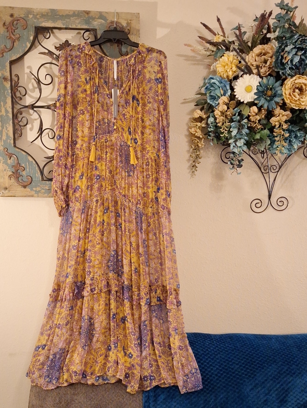 Anthropologie Mustard Yellow/Lavender Floral Tiered Maxi Dress. Size Medium NWT - Picture 5 of 15